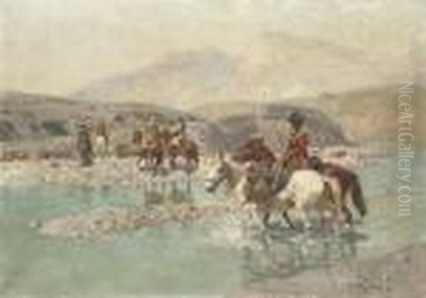 Cossacks Crossing A River Oil Painting by Franz Roubaud