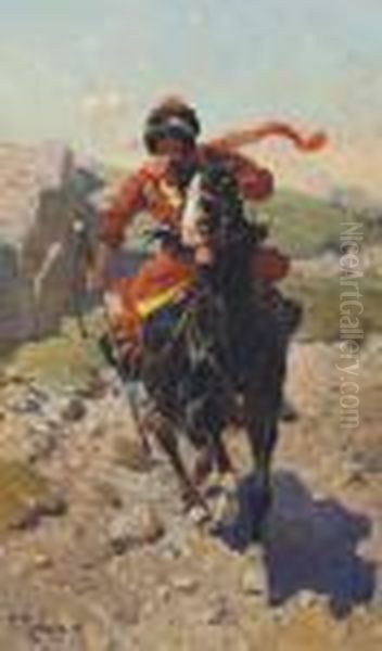 A Caucasian Riding His Horse At Full Gallop Oil Painting by Franz Roubaud