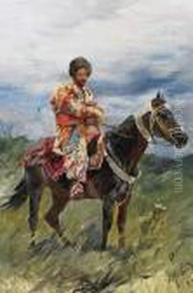 Caucasian Horsemen Oil Painting by Franz Roubaud