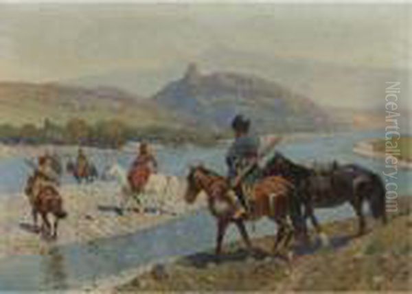 Cossacks Crossing The River Oil Painting by Franz Roubaud