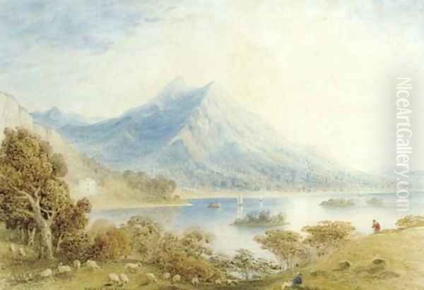 A mountainous lakeland landscape Oil Painting by Thomas Hosmer Shepherd