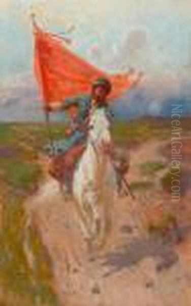 Standard Bearer On Horseback. Oil Painting by Franz Roubaud