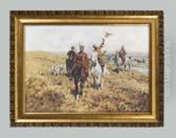 Reiter Auf Falkenjagd Oil Painting by Franz Roubaud