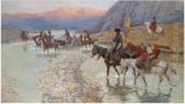 Cossacks Crossing The River Oil Painting by Franz Roubaud