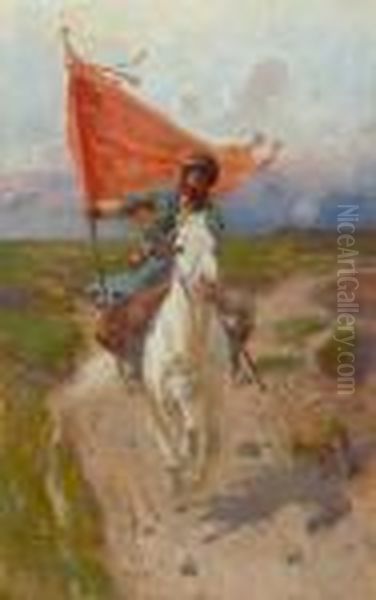 Standard Bearer On Horseback Oil Painting by Franz Roubaud