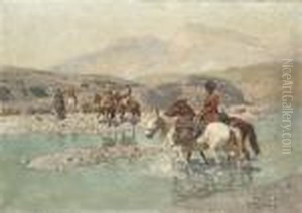 Cossacks Crossing A River Oil Painting by Franz Roubaud