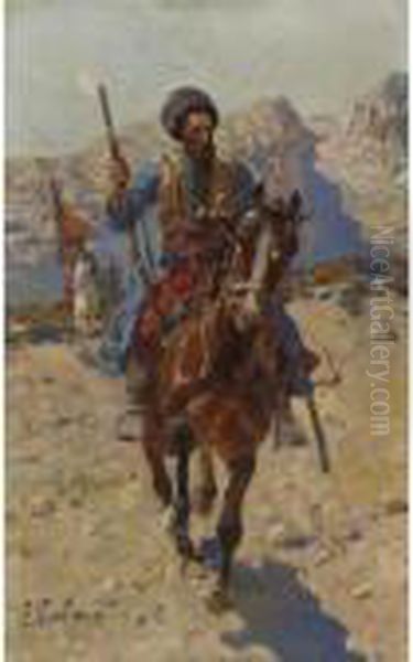 Cossack On Horseback Oil Painting by Franz Roubaud