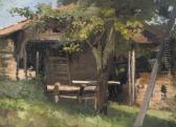 A Woodland Cabin Oil Painting by Franz Roubaud