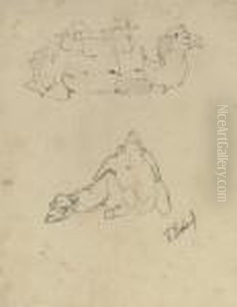 Two Camel Studies (recto); Studies Of A Male Figure (verso) Oil Painting by Franz Roubaud