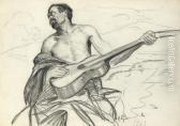 Study Of A Man With A Guitar Oil Painting by Franz Roubaud