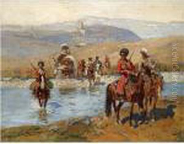 Crossing The River Oil Painting by Franz Roubaud