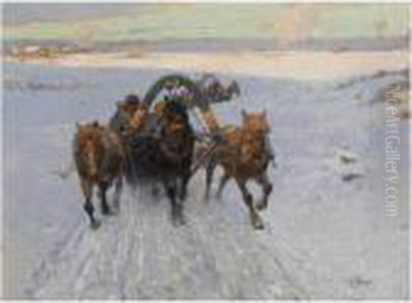 Troika Racing Through The Snow Oil Painting by Franz Roubaud