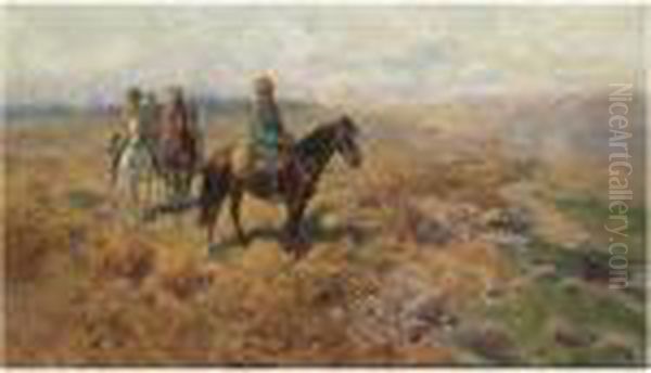 Horsemen In The Hills Oil Painting by Franz Roubaud