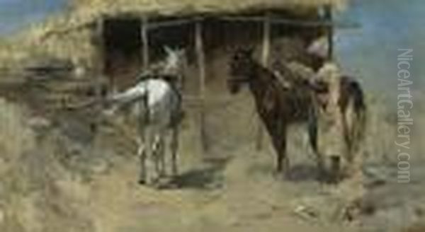 Cossack With A White And A Brown Horse Before A Stable. Oil Painting by Franz Roubaud