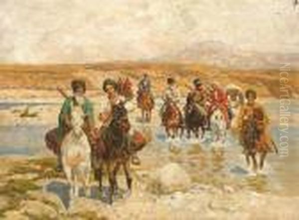 Circassians On Horseback Crossing A River Oil Painting by Franz Roubaud