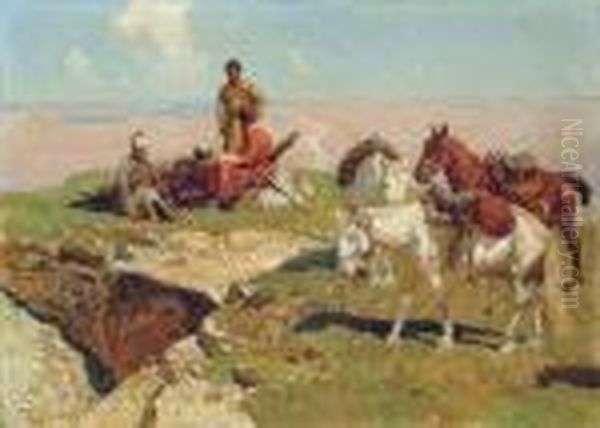 Caucasian Riders Oil Painting by Franz Roubaud