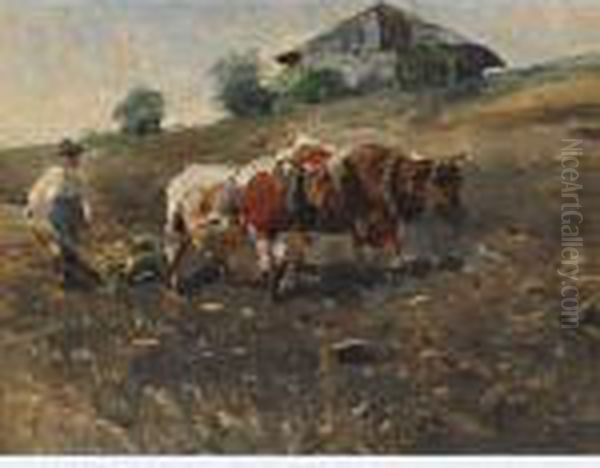 Ploughing With Oxen Oil Painting by Franz Roubaud