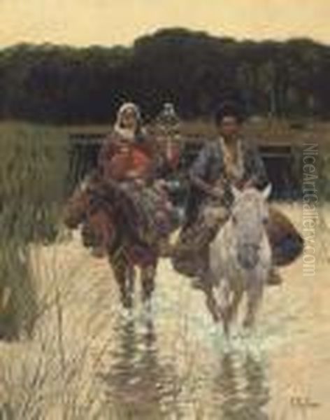 A Cherkesse Family Fording A River Oil Painting by Franz Roubaud