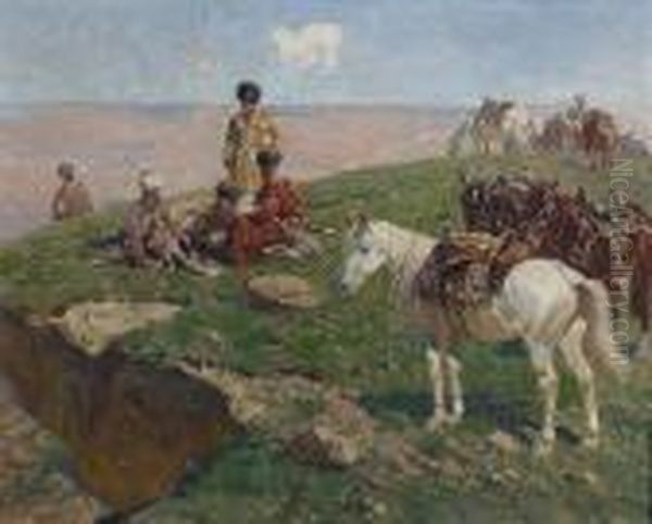 Rastende Kosaken In Der Steppe. Oil Painting by Franz Roubaud