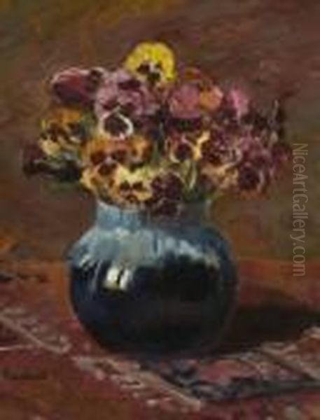 Stiefmutterchen In Blauer Vase. Oil Painting by Franz Roubaud