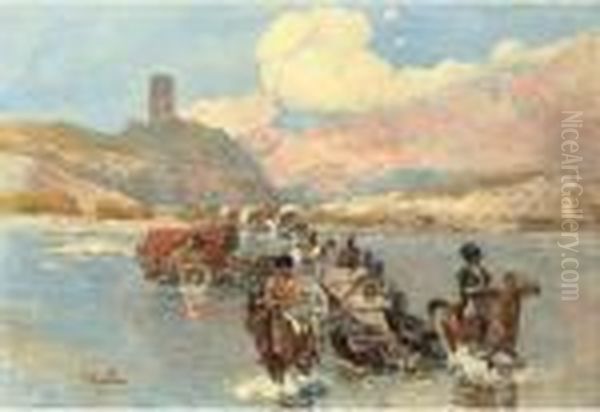 Caucasians Crossing A River Oil Painting by Franz Roubaud