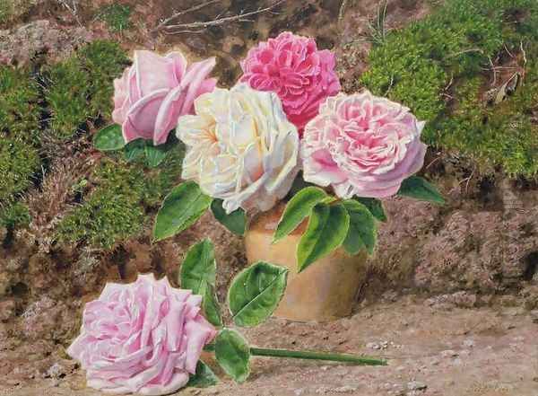 Roses in an Earthenware Vase by a Mossy Bank Oil Painting by John Sherrin