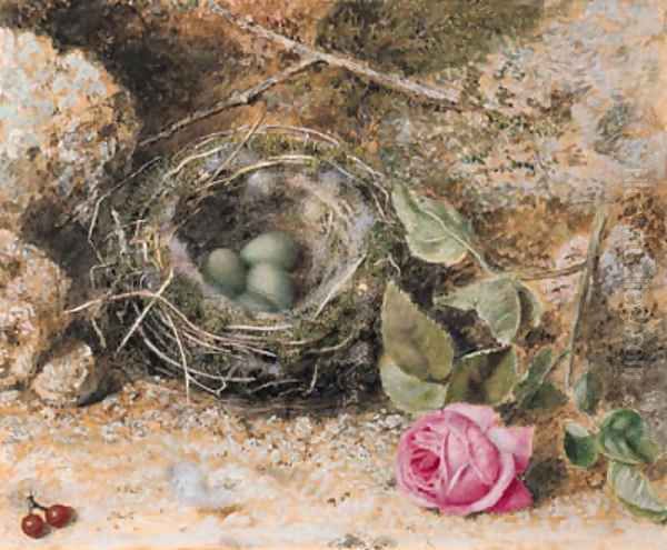 Still life with a birds nest, redcurrants and a rose Oil Painting by John Sherrin