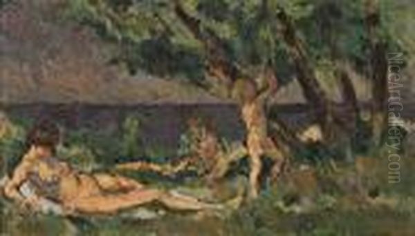 Nymphe Et Putti Au Bord De L'eau Oil Painting by Ker Xavier Roussel