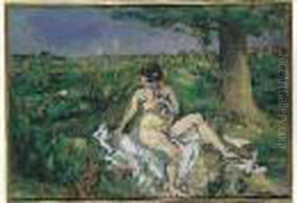 Femme Au Petit Chien Huile Sur Carton Maroufle Sur Panneau, Signee En Bas A Droite. Oil Painting by Ker Xavier Roussel