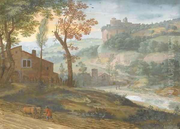 A river landscape with a farmer ploughing in the foreground, a castle seen beyond Oil Painting by Jacques Stella