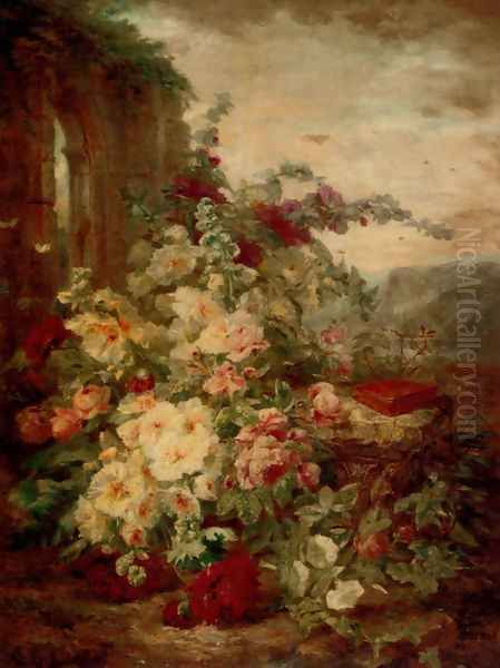 A Book on a Plinth by a Rose Bush at the Ruins Oil Painting by Simon Saint-Jean