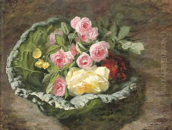 A bouquet of roses and buttercups on a mossy bank Oil Painting by Simon Saint-Jean