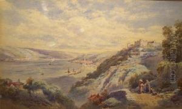 Italian Lake Scene 
 With Hilltop Castle Oil Painting by Charles Rowbotham