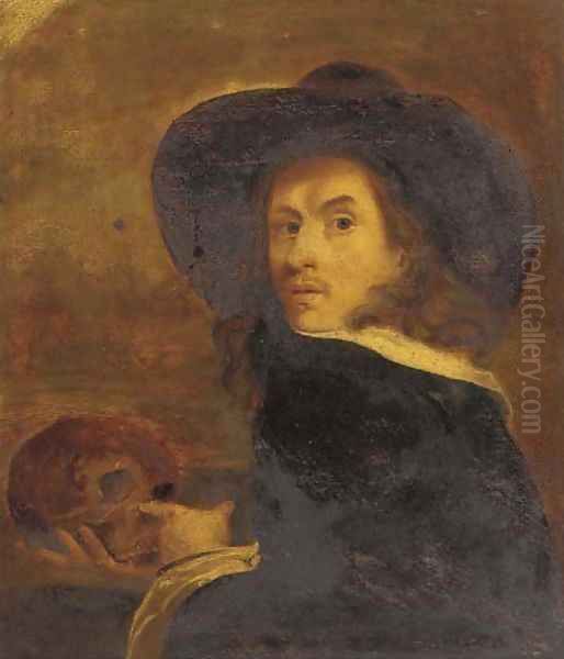 Portrait of a gentleman, bust-length, holding a skull Oil Painting by Michael Sweerts