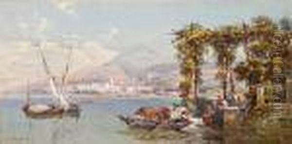 Italian Lakes Scene, With Figures And Smallboats To The Fore Oil Painting by Charles Rowbotham