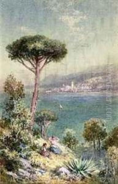 Distant View Of Mentone, South France - Evening (illustrated) Oil Painting by Charles Rowbotham