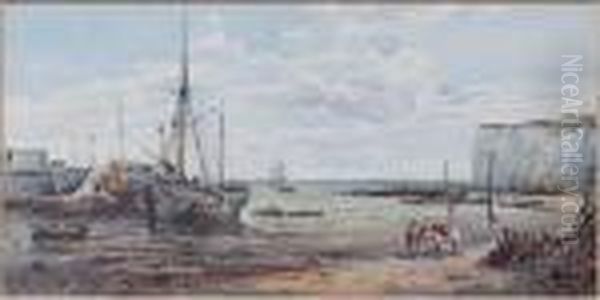 Shore Scene With Moored Fishing Vessels Oil Painting by Charles Rowbotham