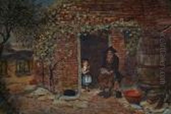 A Tinker And A Young Girl Conversing By A Cottage Door Oil Painting by Charles Rowbotham