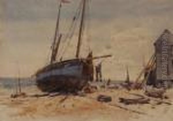 Beached Fishing Boats At Hastings Oil Painting by Charles Rowbotham