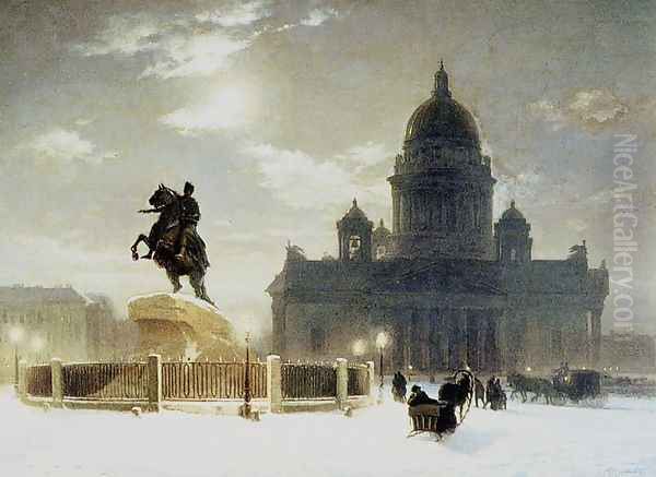 View of the Monument to Peter the Great in Senate Square, St. Petersburg, 1870 Oil Painting by Vasilij Ivanovic Surikov