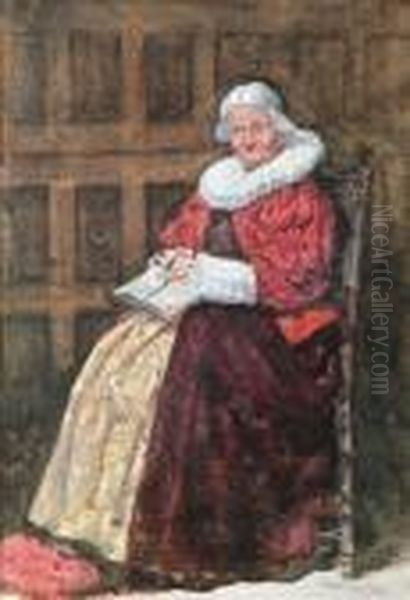 Portrait Of Anelderly Lady In Elizabethan Costume Oil Painting by Charles Rowbotham