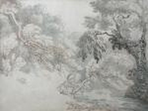 A Wooded River (sketch) Oil Painting by Thomas Rowlandson