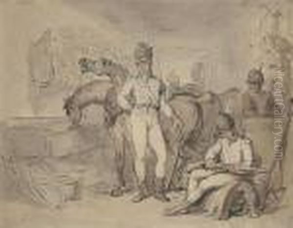 Soldiers With Their Horses In The Stables Oil Painting by Thomas Rowlandson