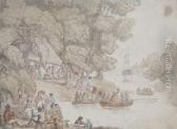 A Wooded River Scene Oil Painting by Thomas Rowlandson