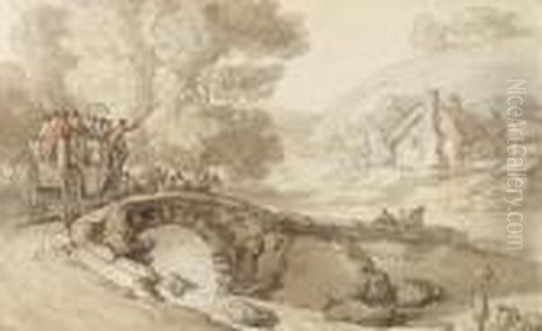 A Crowded Coach Crossing A Bridge, Approaching A Village Oil Painting by Thomas Rowlandson