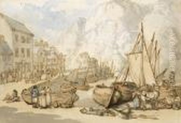 Fishing Boats At Low Tide In A Harbour, Possibly Port Isaac,cornwall Oil Painting by Thomas Rowlandson