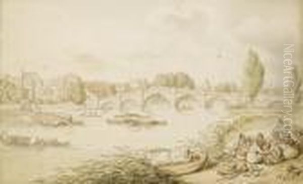 Richmond Bridge, London Oil Painting by Thomas Rowlandson