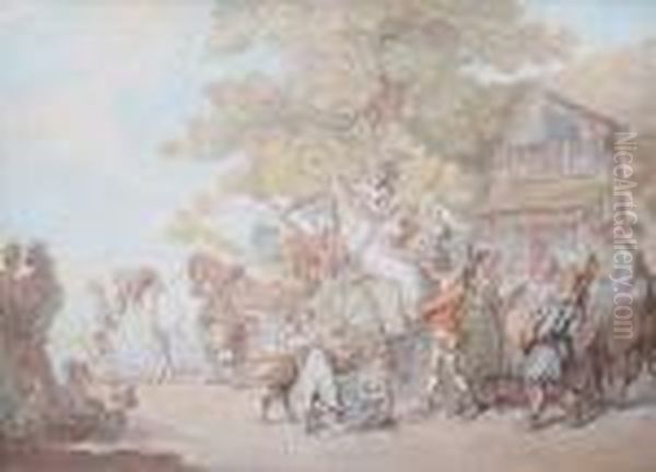 Travelling Players Halted By An Inn Oil Painting by Thomas Rowlandson