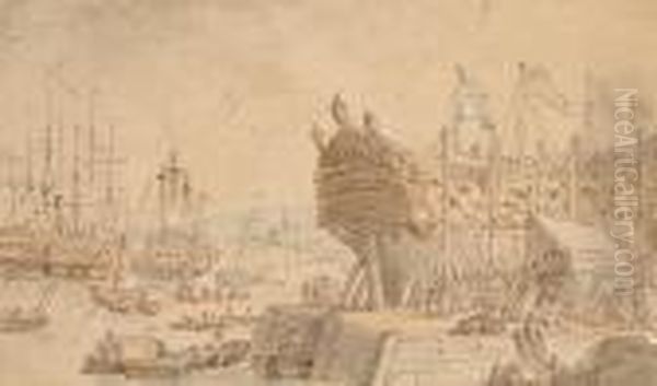 The Launch Of H.m.s. Nelson Oil Painting by Thomas Rowlandson