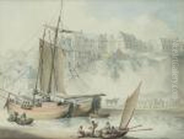 Local Traders Being Unloaded In The River Atexeter Oil Painting by Thomas Rowlandson